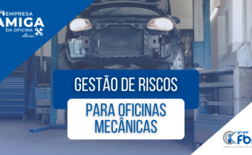 Oficina mecânica com elevadores, ferramentas e veículos em manutenção, representando a diversidade de riscos do negócio
